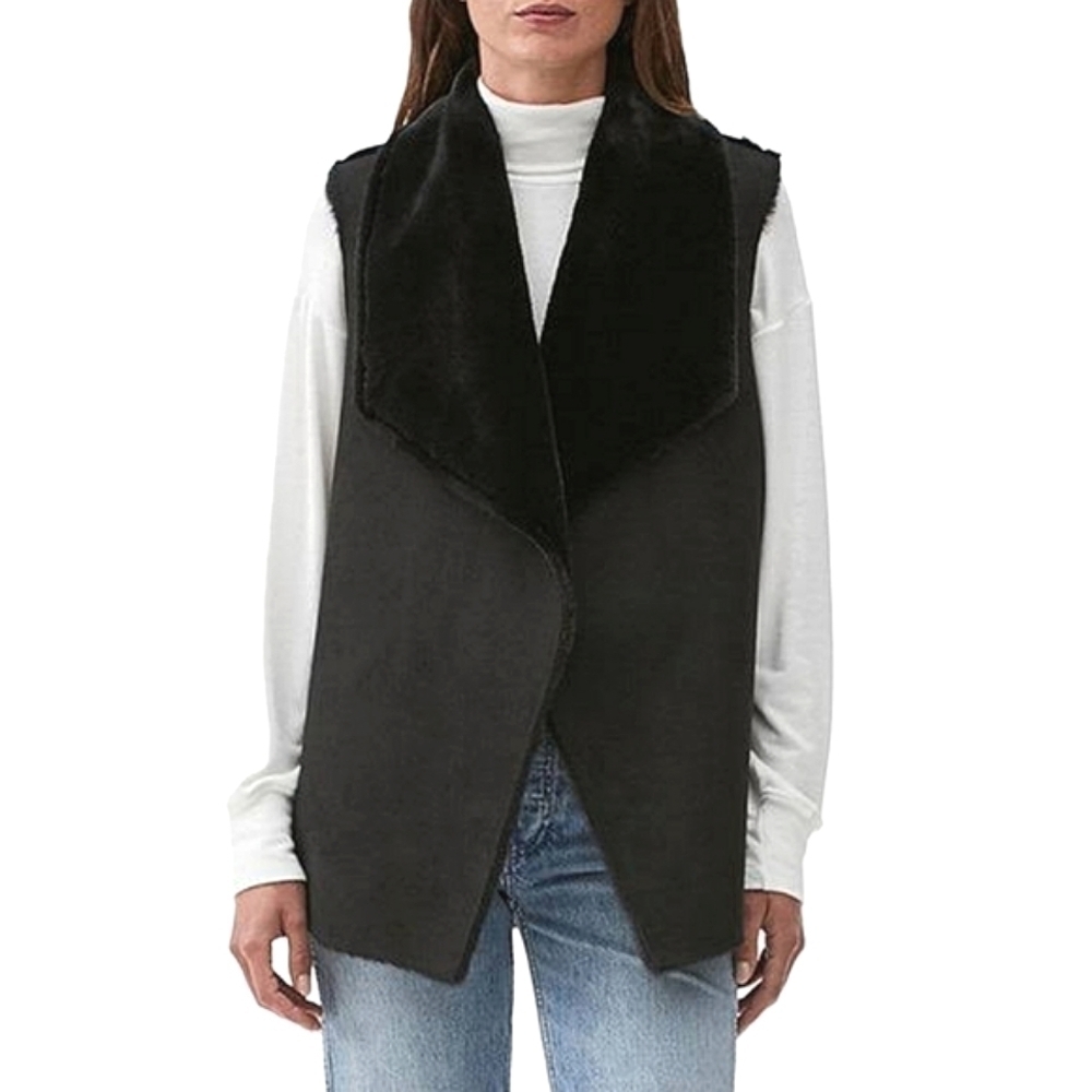 SOLD - MOD Black Faux Fur Suede Open Collared Vest